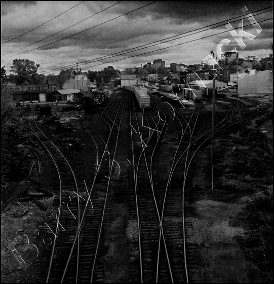 Train Yard, black and white photograph